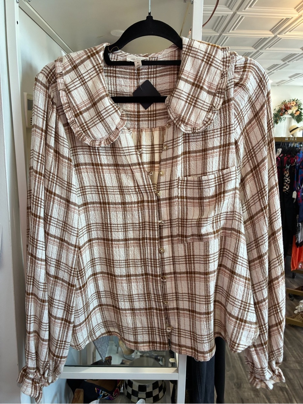 Pilcro Plaid Button-Front Blouse in Cream and Brown - Picture 3 of 3